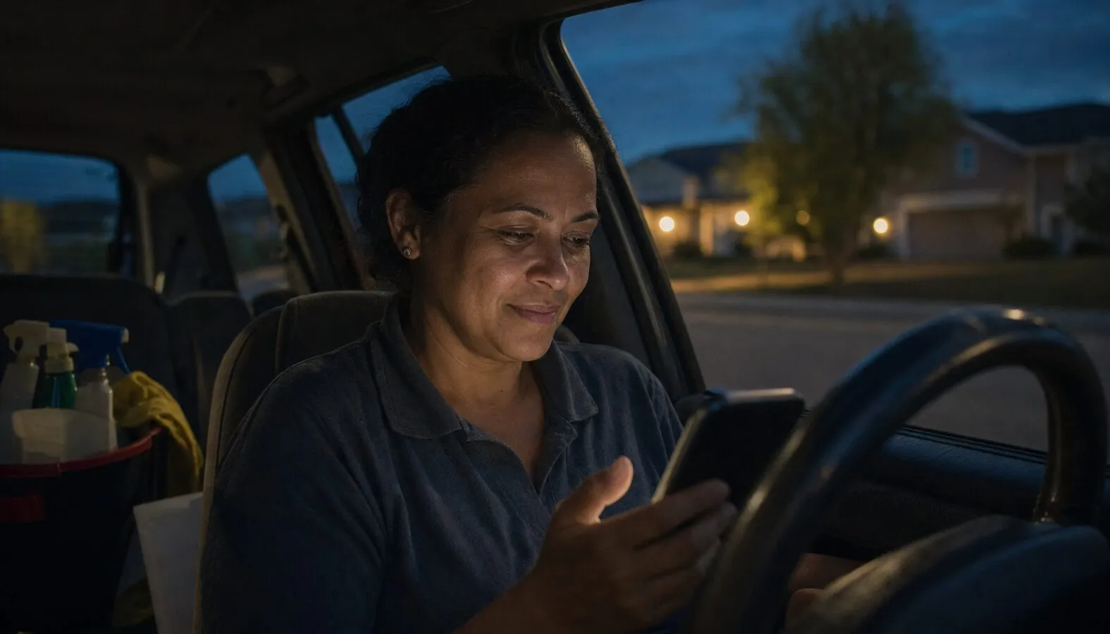 Faxineira no carro, de noite, lendo a mensagem do cliente no celular